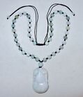 Chinese Green & White Jadeite Jade Bead Necklace With 2" Gourd & Chilong Pendant