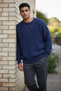 Vintage Norsport Handstrick Pullover blau Zopfmuster L 100% Baumwolle Rundhals - Bild 1 von 9