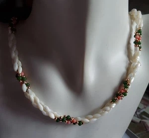 Freshwater Rice Pearl Twist Necklace with Jade and Coral Beads 22" Vintage + Bag - Picture 1 of 6