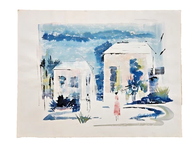 Vintage Alfred Birdsey BERMUDA HOUSES STREET Original Watercolor Painting Singed - Image 1 of 4