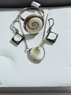 Ancien Vintage Ensemble En Argent 925 Boucle D'oreille Bague Chaîne - Photo 1/4