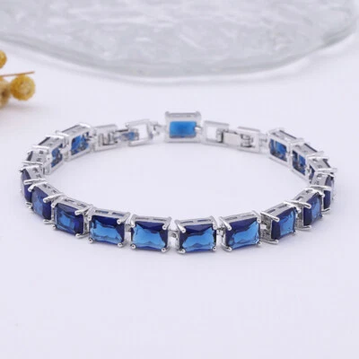 New Rectangle Ocean Blue Topaz Gems Charm Women Jewelry Gifts Silver Bracelet - Image 1 of 4