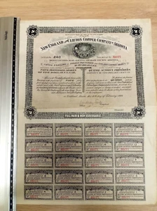 NEU ENGLAND UND CLIFTON KUPFERGESELLSCHAFT VON ARIZONA, TITEL VON 10 AKTIEN DE 5 $ - Bild 1 von 2