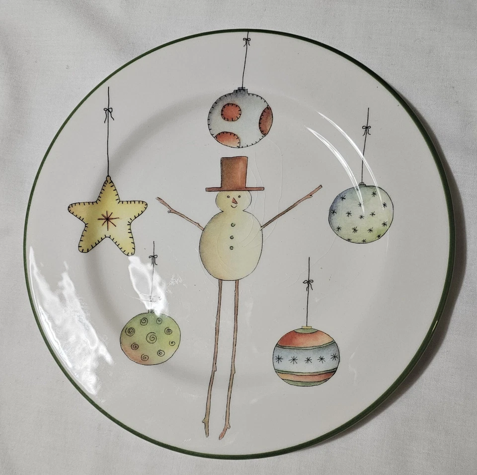 Rosanna Dessert Plate Christmas Snowman Ornaments Star Italy Green Rim 8-3/8" - Image 1 of 4