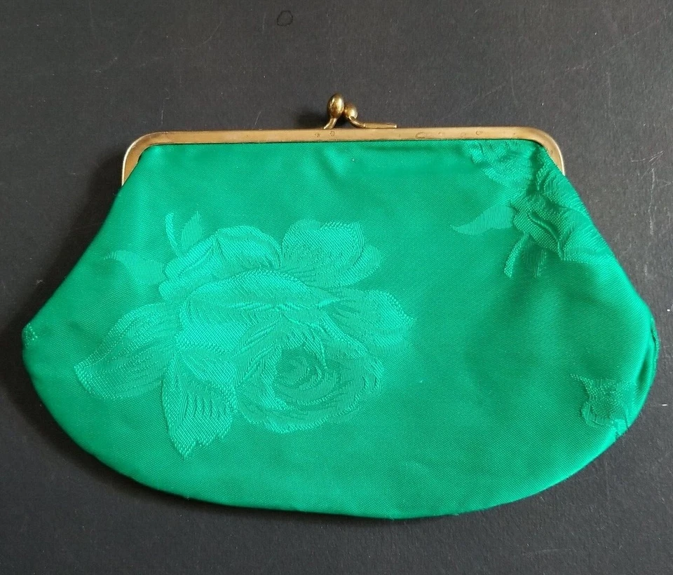 Large Coin purse / MAKEUP BAG 7.5"~  GREEN rose embosed ~ Plastic lined  - Image 1 of 4