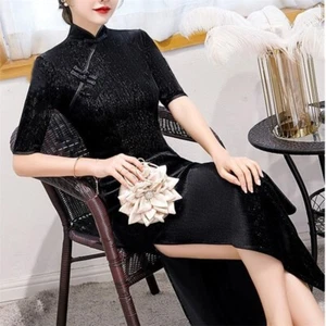 Vestido ceñido al cuerpo de terciopelo Cheongsam brillante Qipao con abertura lateral talla grande para mujer - Imagen 1 de 9