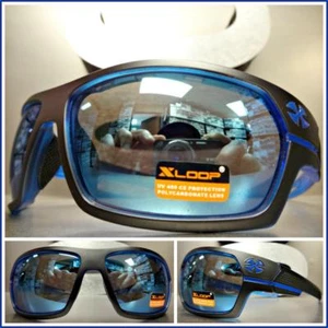 WRAP AROUND SPORT Motorcycle Riding Driving Fishing SUN GLASSES Black Blue Frame - Picture 1 of 8