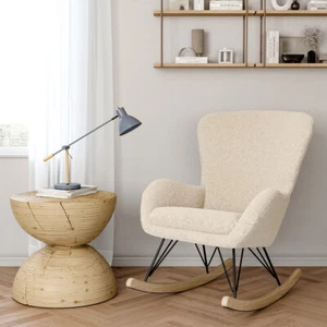 Wooden Rocking Chair Outdoor Garden Upholstered Armchair Curved Legs Recliner UK - Picture 1 of 11