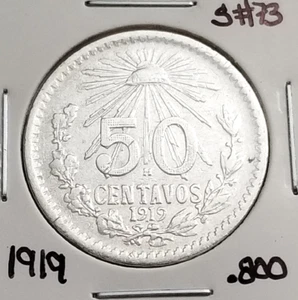 Mexico 50 Cents 1919 .800 Coin Silver KEY-DATE, moneda de Plata .800, ESCASA. - Picture 1 of 4