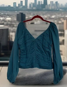 Abercrombie & Fitch NWT Large Dark Teal Green Long Puffed Sl Side Zip Crop Top - Picture 1 of 7