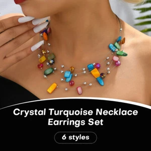Lady Crystal Necklace Earrings Set Colorful Shell Jewelry Multilayer Choker Gift - Bild 1 von 16