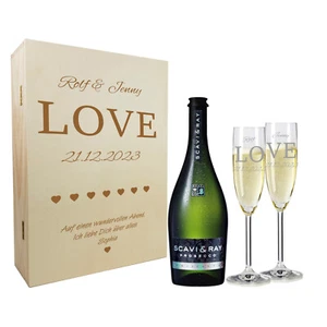 Geschenkset Hochzeit Sektgläser personalisiert Holzbox LOVE 3er - Bild 1 von 9