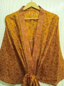 Midi Kimono reine Seide Morgenmantel knielang Kleid Seide Kimono Morgenmantel gelb MKMO1760 - Bild 1 von 8