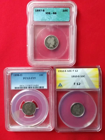 1898 O Barber Dime PCGS Fine 15 with 1910 S and 1897 S semi key Cover