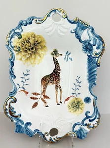 Nature Table Lou Rota Large Giraffe Platter Blue Gold Trim Handles Anthropologie - Picture 1 of 8