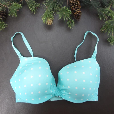 Victoria's Secret Bra 34D Blue Polka Dot Padded Underwire Adjustable Clasp Back - Imagem 1 de 4