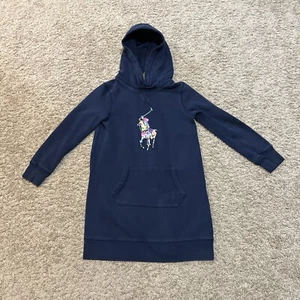 Polo Ralph Lauren Elongated Hoodie Sweatshirt Girls Medium Dark Blue Floral Logo - Picture 1 of 7