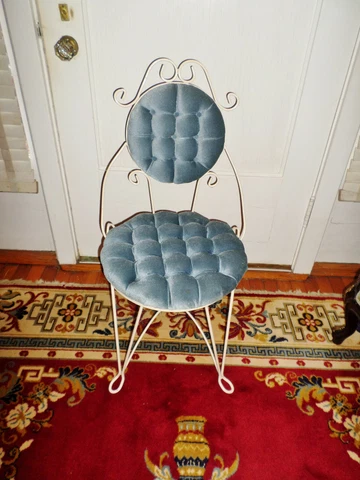 Mid Century Hollywood Regency Ornate Metal Blue Velvet Vanity Bath Parlor Chair Cover