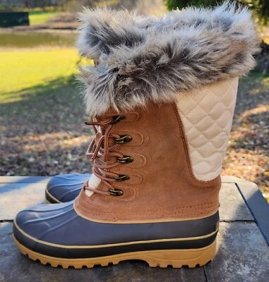 Khombu Nordic 2 Suede Faux Fur Boots Womens 10 Camel Ivory Winter Snow Lace Up - Image 1 of 4