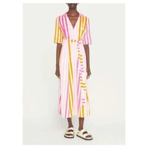 EMPORIO SIRENUSE Ottavia Stripe Ikat Print 100% Cotton Midi Dress - Picture 1 of 22
