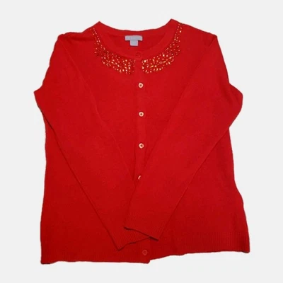 Cardigã Laura Scott vermelho enfeitado L feriado festivo botão para cima - Imagem 1 de 4