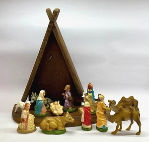 Belén Vintage 12 Figuras Establo de Madera con Caja de Música Reproduce Noche Silenciosa - Imagen 1 de 23