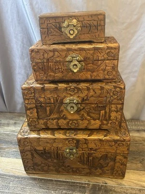 Set of (4) Vintage Hand Carved Wooden Chest Nesting Boxes Stackable - Image 1 of 4
