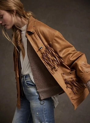 Nueva Chaqueta Top Free People Vegana Cuero Marrón Flecos Western Boho Chic XLarge Foto 1 de 4