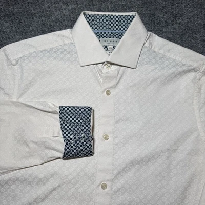 Ted Baker Slim 15 1/25 32/33 Blanco Azul Texturizado Geométrico Floral Puño Abatible Foto 1 de 4