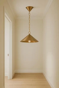 Mid-Century Modern Brass Chandelier - Handcrafted Disc Shade Light - Picture 1 of 10