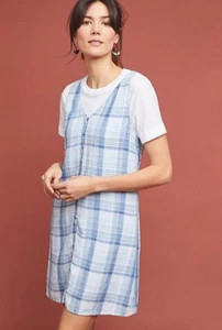 Vestido túnica Anthropologie tela y piedra a cuadros talla XXS azul cuello en V nuevo $140 venta al por menor - Imagen 1 de 7