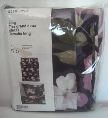 Ikea BLEKFRYLE King Duvet Cover w/2 Pillow Shams Black Pink Green Floral Cotton - Image 1 of 4