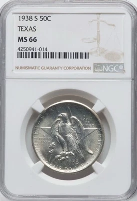 1938-S TEXAS Commemorative Silver Half Dollar 50c ~ NGC MS66 ~ Blast Blast White - Image 1 of 2
