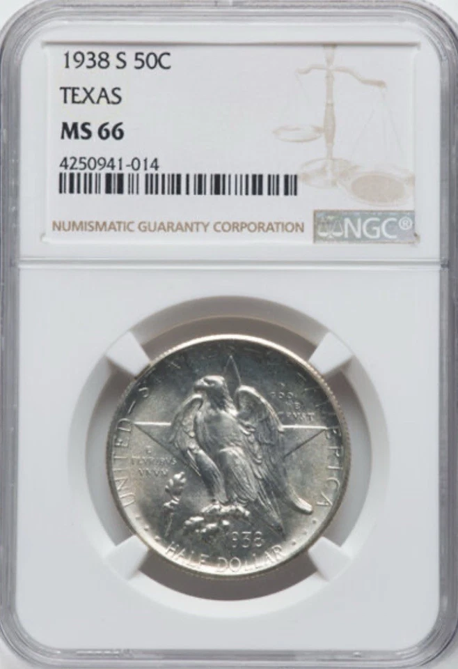 1938-S TEXAS Commemorative Silver Half Dollar 50c ~ NGC MS66 ~ Blast Blast White - Image 1 of 2