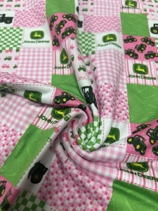 John Tractor Fabric, Pink And Green Tractor Fabric DBP Super Soft And Stretchy - Picture 1 of 3