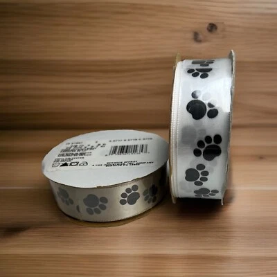 Offray Ribbon White Black Puppy Paws 7/8”x 9’ (set Of 2) NOS Poly USA 🐾 - Image 1 of 4