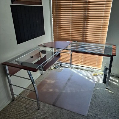 L shaped glass and wood desk - Image 1 of 4