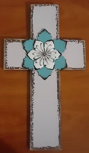 16" Cross Crucifix Pink blue white metal flower wall hanging Creative Design Ltd - Picture 1 of 5