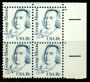 GEORGE MASON Numbered Plate Block of 4 Plate 1 MNH Scott's 1858 - Picture 1 of 2