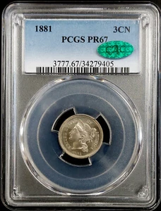 1881 Proof Three Cent piece, nickel composition, graded PR 67 by PCGS & CAC! - Picture 1 of 4