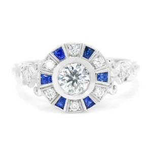 Bezel Set Round Diamond Engagement Ring with Sapphires 14K White Gold .80ctw - Picture 1 of 10