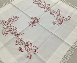 Embroidered Red Abstract Tablecloth Lace Edge 31x34” Cotton Vintage Spotless - Picture 1 of 9