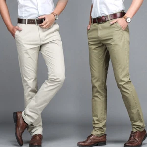 Men Cotton Trousers Straight Leg Solid Slim Fit Casual Long Pants Summer Retro - Picture 1 of 18