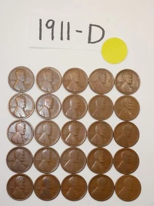 1911-D CENT ROLL FECHA SÓLIDA = 25 CENTAVOS DE TRIGO LINCOLN (MÁS DE 8 ARTÍCULOS ENVÍO GRATIS) - Imagen 1 de 2
