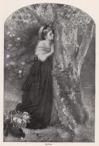 OLIVIA -Woodland Scene with Basket of Flowers Garden Girl 1894 Antique Engraving - Picture 1 of 2