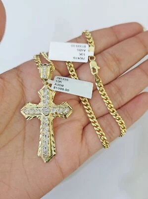 Real 10k Yellow Gold Chain Cross Charm Pendant Set Miami Cuban Link Necklace 4mm - Image 1 of 4