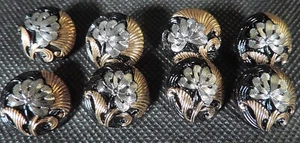 8 Vintage Black Glass Sewing Buttons Gold w/ Silver Flower - Picture 1 of 6