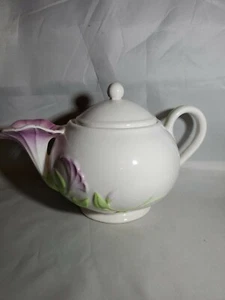 Teapot Pink Morning Glory Spout Teleflora 6" Embossed Flowers Ceramic Lidded - Picture 1 of 9