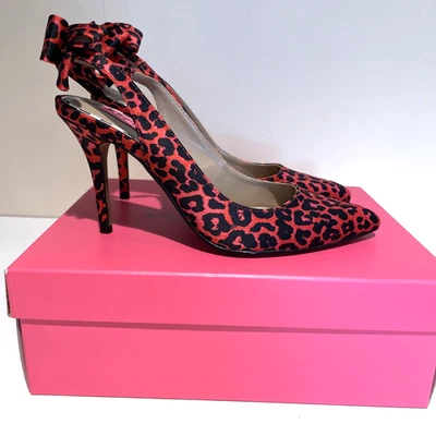 Betsey Johnson Leopard Sling Back Heels Shoes Size 7M Black Red Back Bow Sexy - Image 1 of 4