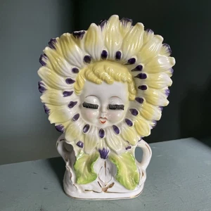 Vintage Japan Keramik anthropomorphe Blumengesicht Mädchen Wand Tasche Kopf Vase - Bild 1 von 11